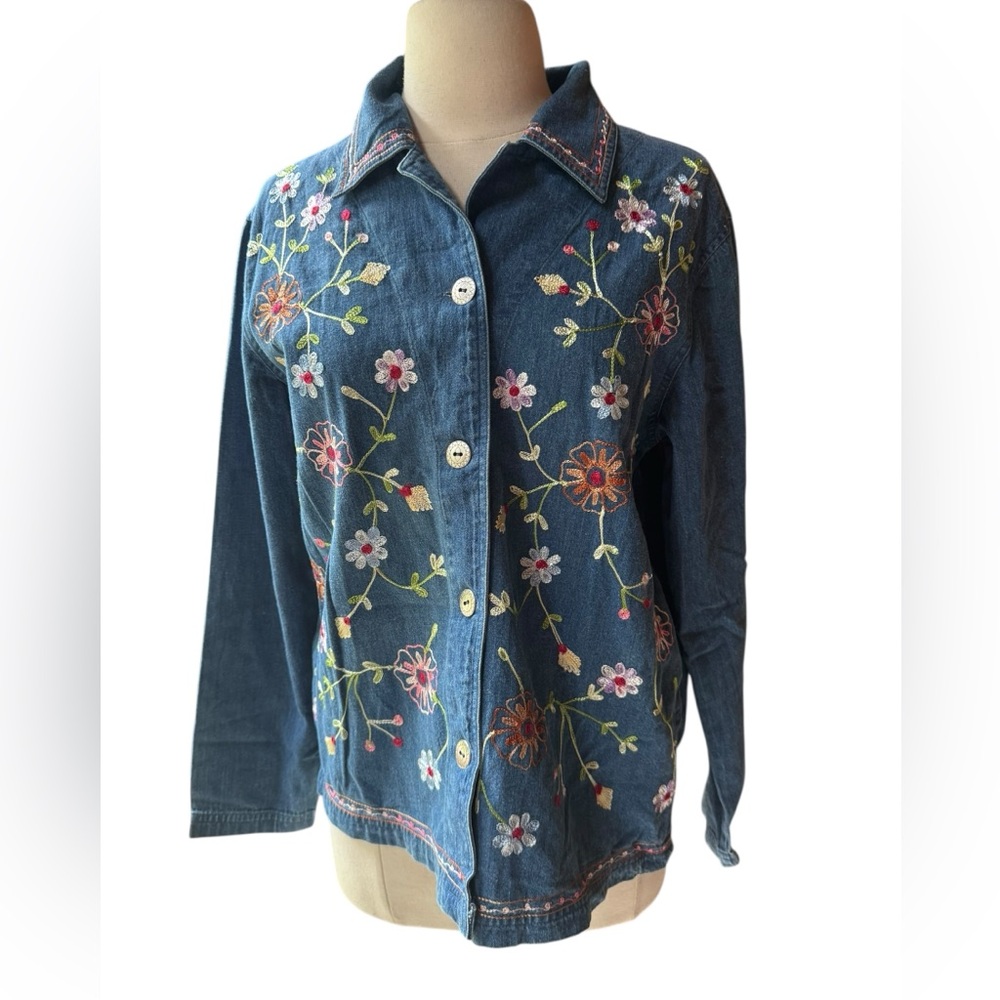 1990s Bobbie Brooks Lightweight Floral Embroidered Button Down Denim Jacket